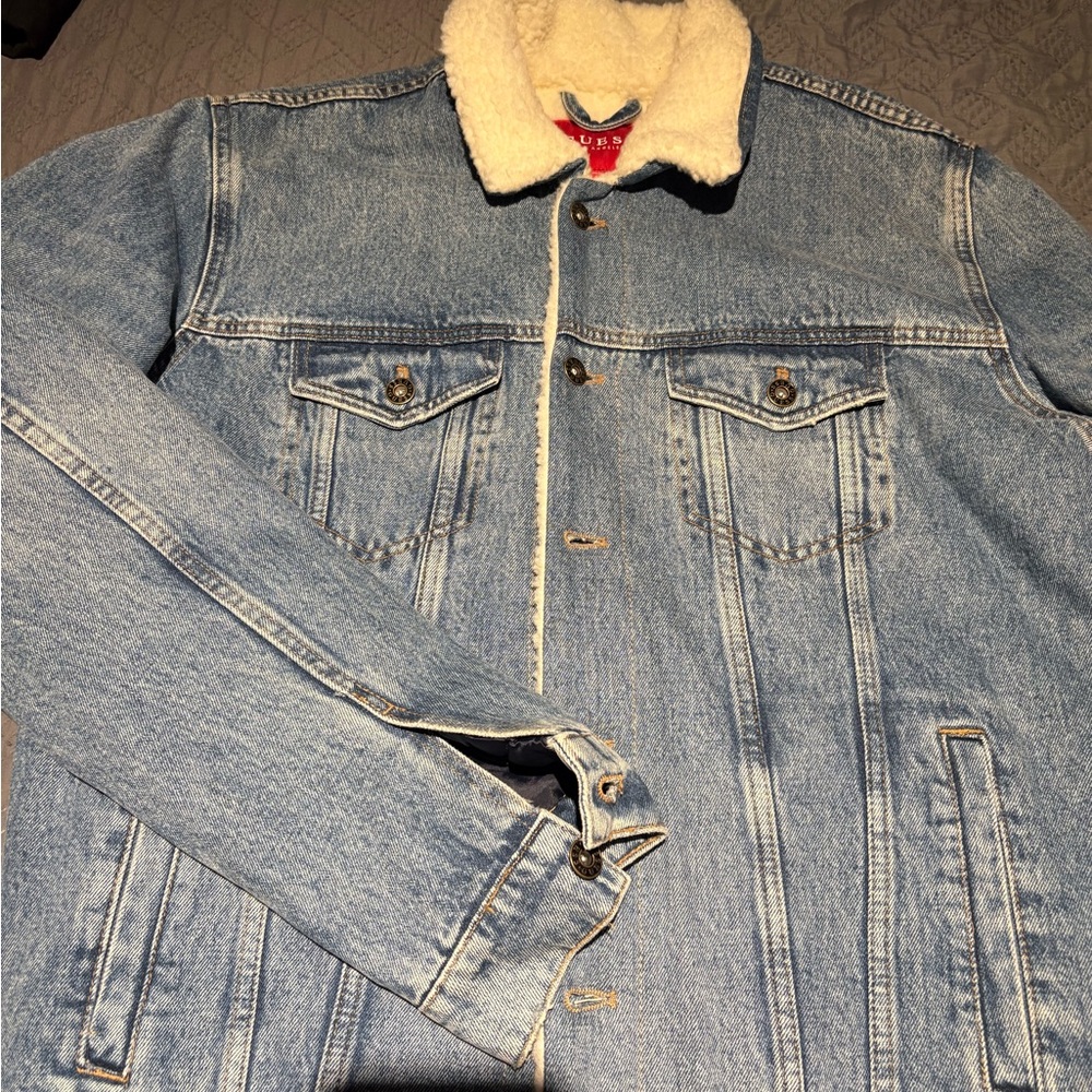 Guess Light Blue Denim Jacket with Cream Sherpa Collar